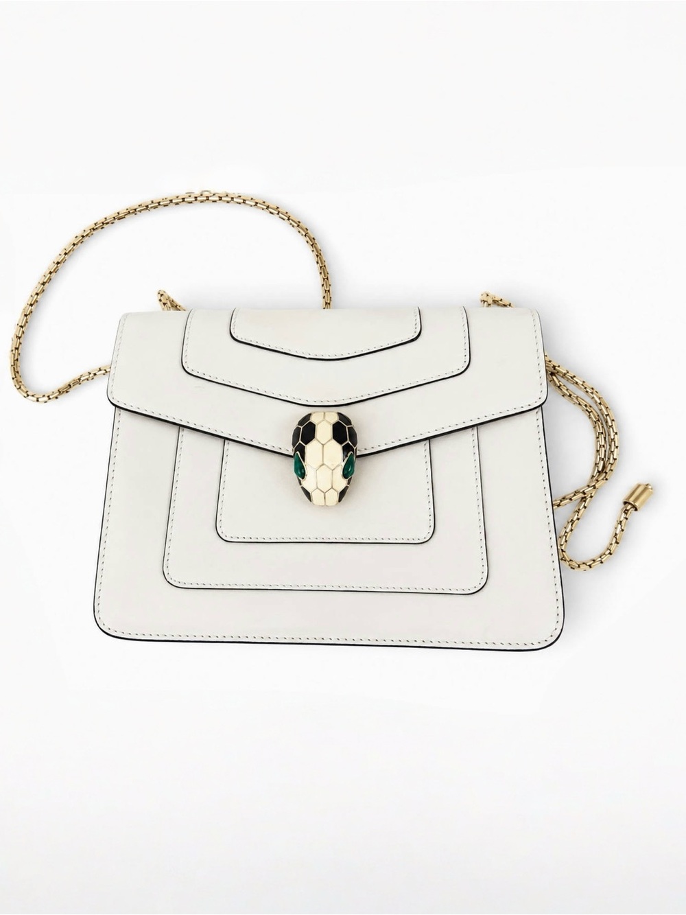 BVLGARI Serpenti Forever White Leather Shoulder Bag Gold Chain